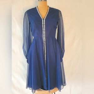 VINTAGE Embellished Chiffon Dress in Navy Blue Color